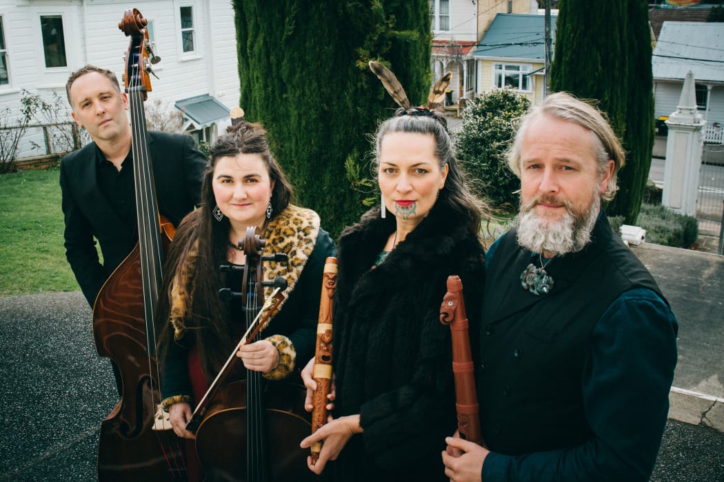 Tararua quartet -  Al Fraser (taonga puoro), Ariana Tikao (taonga puoro & vocals), Ruby Solly (taonga puoro, vocals & cello), and Phil Boniface (double bass & taonga puoro).