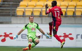 Awer Mabil in action against Wellington Phoenix keeper Glen Moss recently