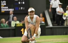 Lulu Sun of New Zealand celebrates her win against Emma Raducanu, Wimbledon, 2024.