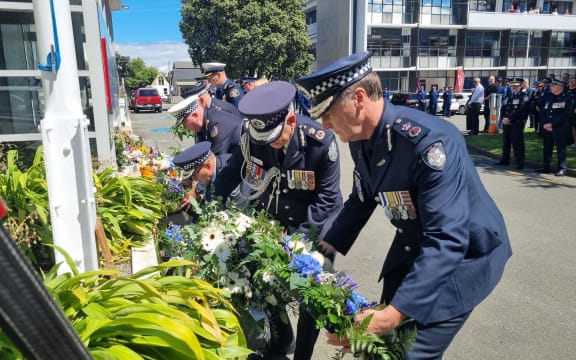 Police officers lay a wreath for slain colleague Senior Sergeant Lyn Fleming ahead of her funeral on January 16, 2025.