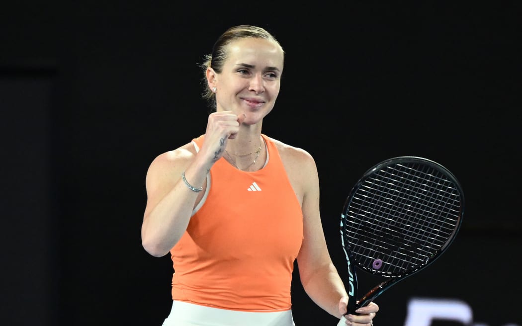 Elina Svitolina of Ukraine celebrates winning the Women’s quarter final match against Coco Gauff of USA on day 10 of the 2026 Australian Open tennis tournament at Melbourne Park in Melbourne, Tuesday, January 27, 2026. (AAP Image/Joel Carrett/ Photosport)