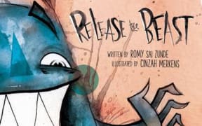 Book cover for "Release the Beast": A huge monster shares a toothy smile with a small boy.