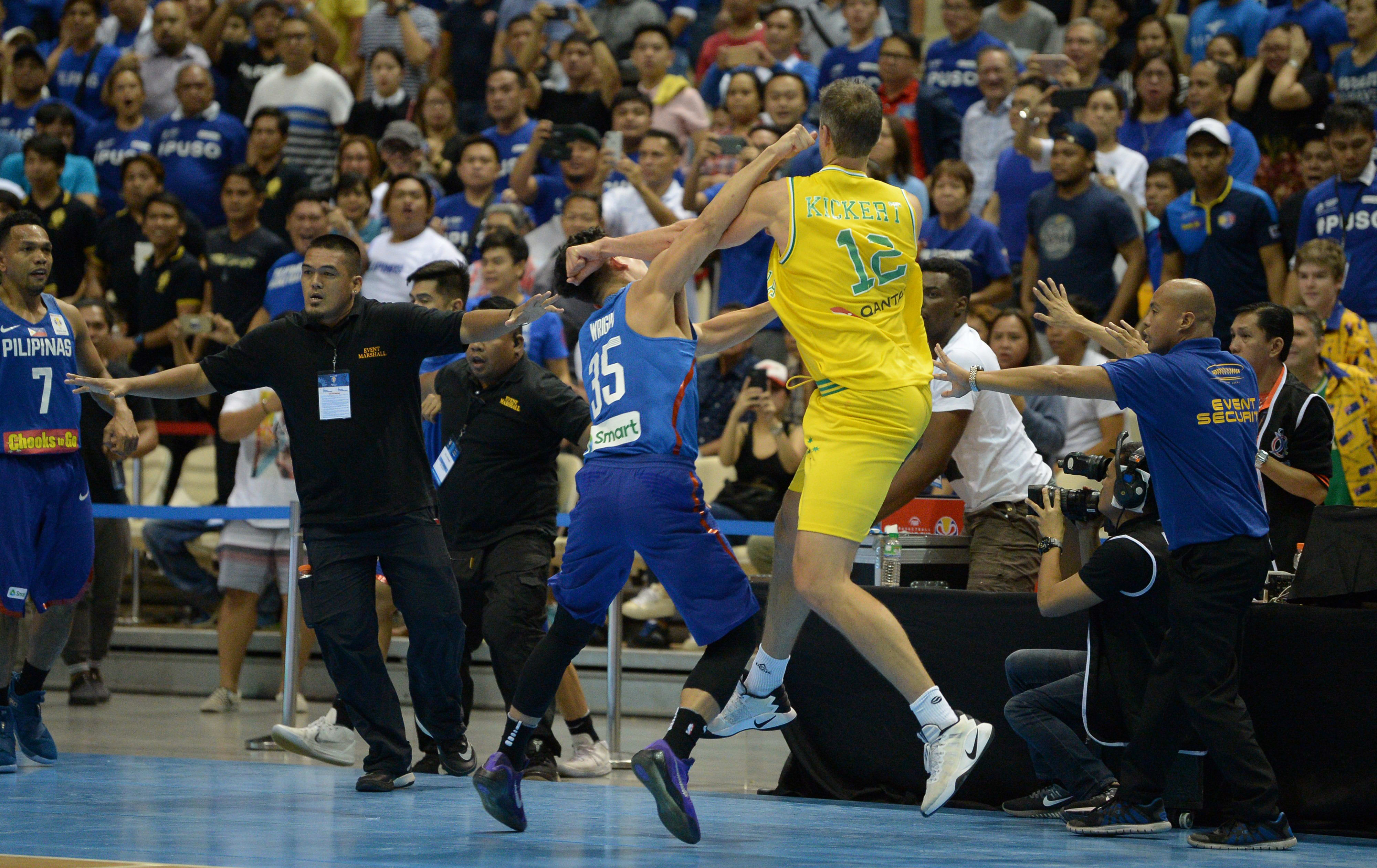 A brawl erupts between Australia and the Philippines players in a FIBA World Cup 2019 qualifier.