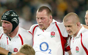 England front row, L-R, Graham Rowntree, Steve Thompson, Phil Vickery. 2003.