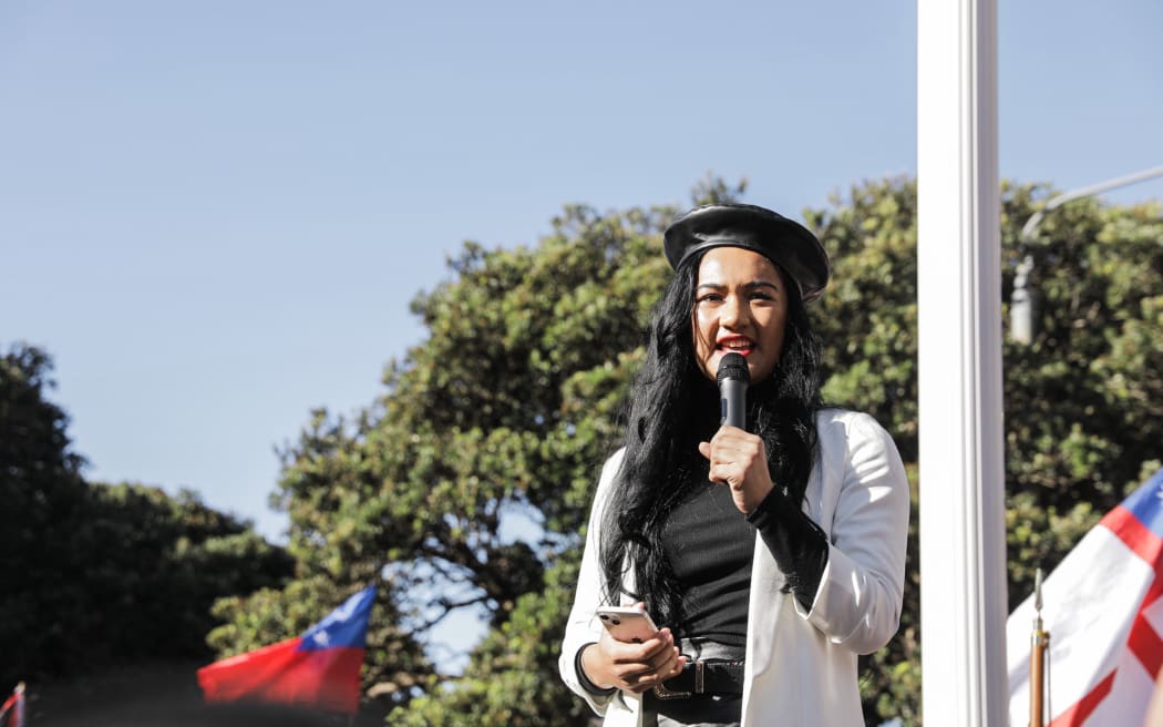 Te Pati Maori MP Hana-Rawhiti Maipi-Clarke speaks to a crowd of protestors at Parliament