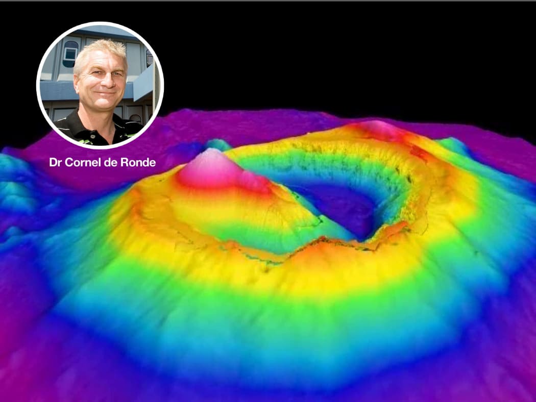 Voyage co-leader Cornel de Ronde superimposed on a 3D image of Brothers submarine volcano.