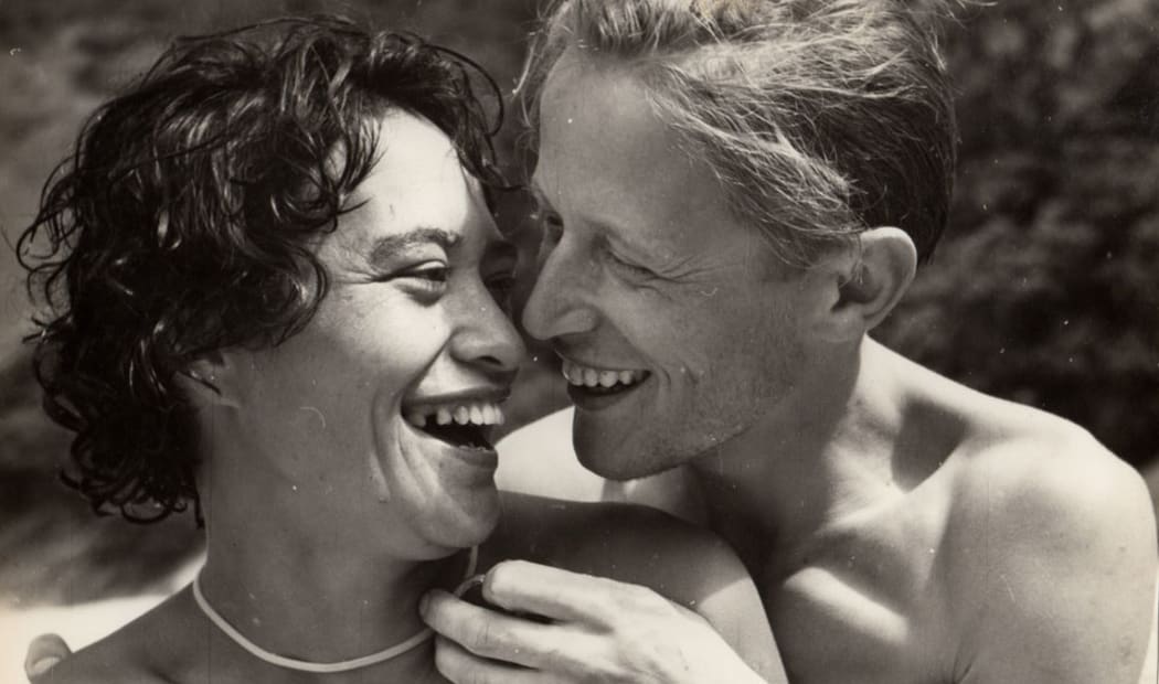 Anton Blank's mother Arapera Blank with her husband Pius on their honeymoon at Kennedys' Bay Coromandel in 1958.