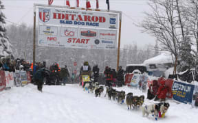 Wade Marrs (Willow, AK) drives his team from the starting line during the restart of the 2020 Iditarod Sled Dog Race at Willow Lake on March 8, 2020 in Willow, Alaska.