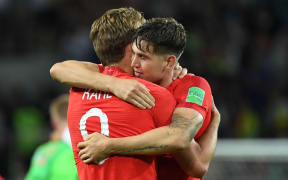 England's Harry Kane and John Stones celebrate winning the penalty shootout at the end of the Russia 2018 World Cup round of 16 football match between Colombia and England.