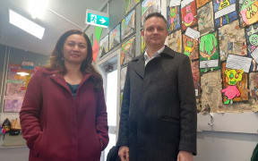 Marama Davidson and James Shaw at Normanby School South Taranaki.