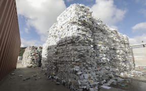 Bales of compressed plastic milk bottles at the  OJI Seaview Materials Recovery Facility in Lower Hutt