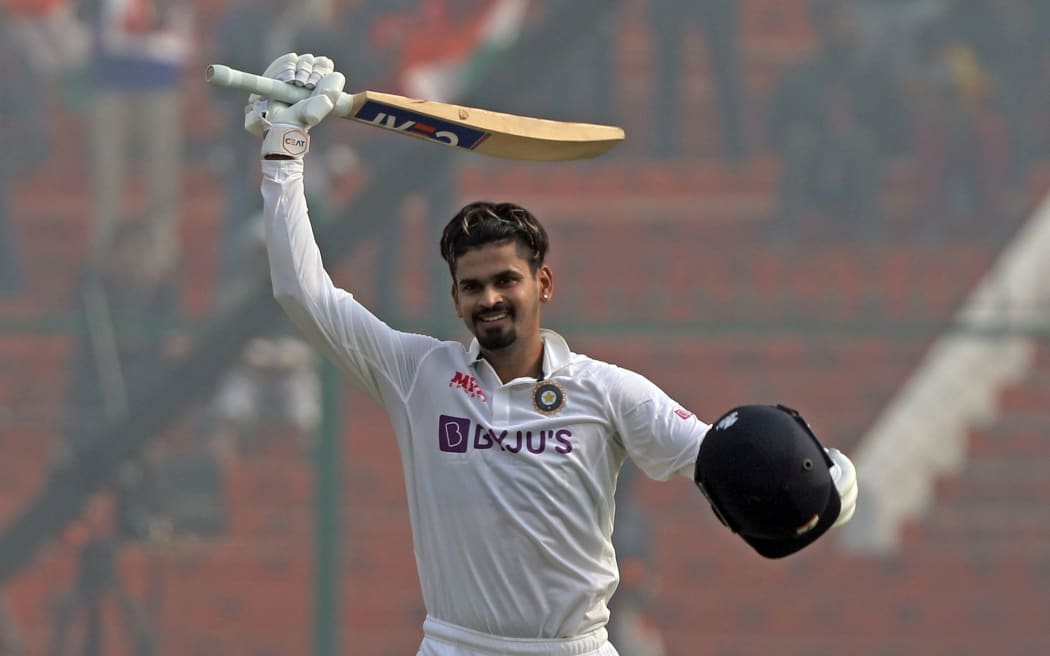 Shreyas Iyer of India celebrates.