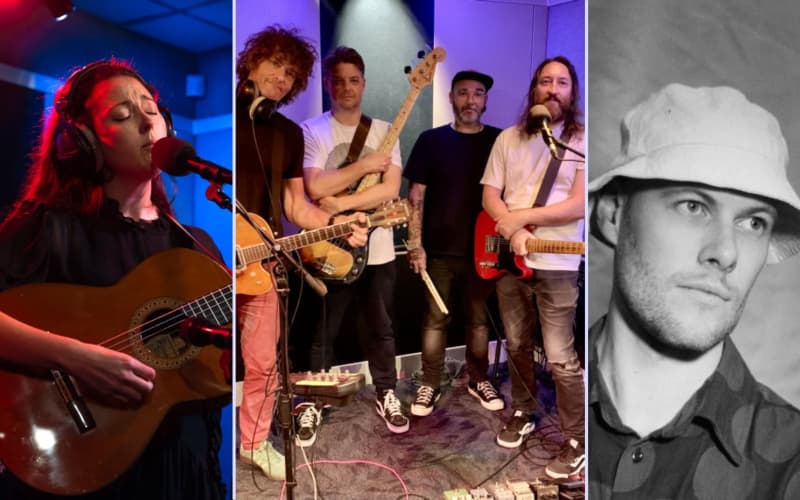 A composite picture of Greta O'Leary playing on her guitar at RNZ's studios (left), Voom band members at RNZ's studios (centre), and a promotional shot of Cory Champion.