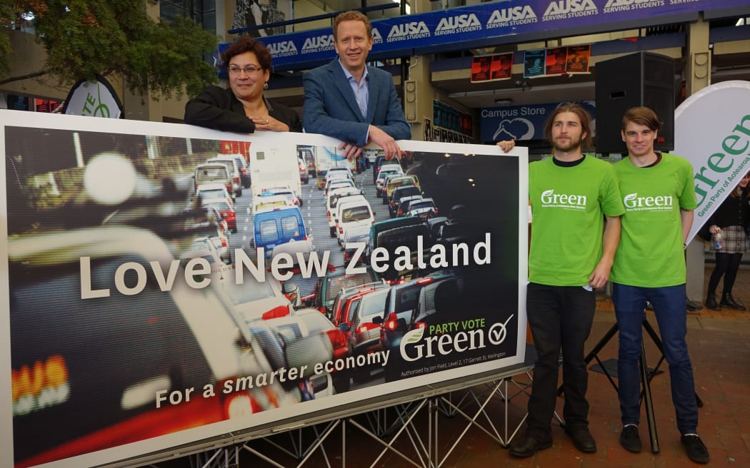 Green co-leaders Metiria Turei, left, and Russel Norman with supporters.