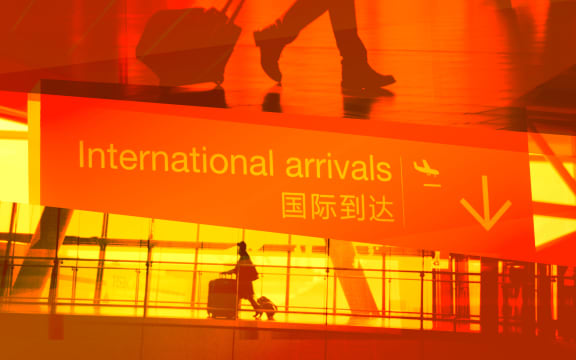 Collage of silhouettes of travellers walking and international arrival hall sign