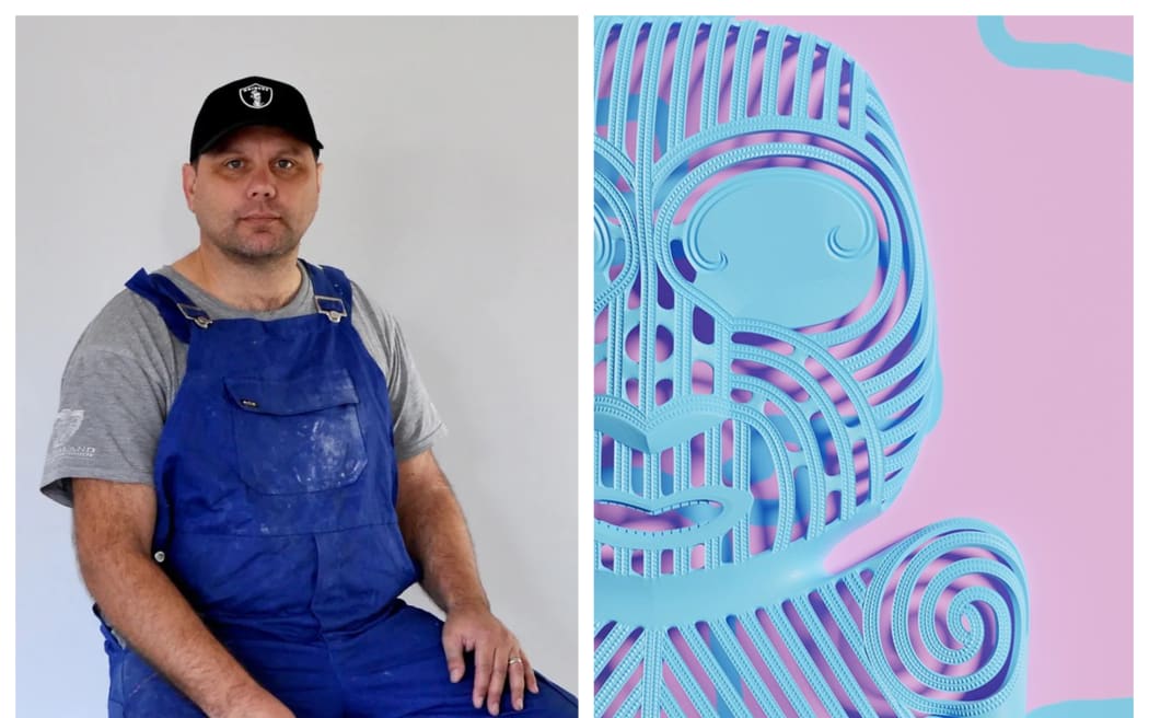 Artist Kereama Taepa next to a piece of his digital art.