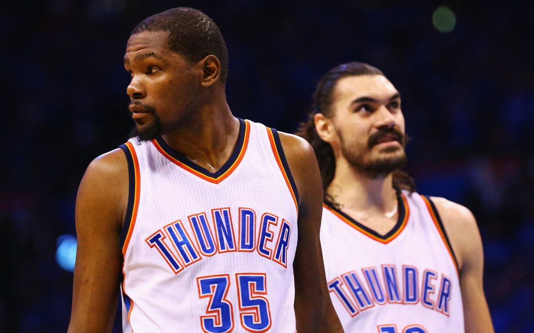 Kevin Durant (L) and Steven Adams as team-mates at Oklahoma City Thunder.