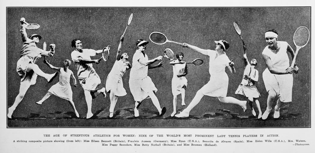 1928: "THE AGE OF STRENUOUS ATHLETICS FOR WOMEN: NINE OF THE WORLD'S MOST PROMINENT LADY TENNIS PLAYERS IN ACTION."