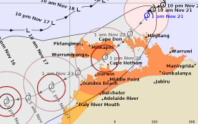 The latest BOM track map shows Tropical Cyclone Fina making landfall near Cape Don, then passing between the Tiwi Islands and Darwin.