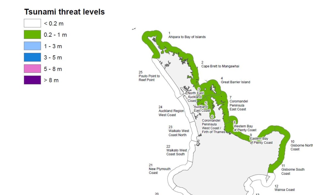 Civil Defence released this map showing Tsunami threat levels.