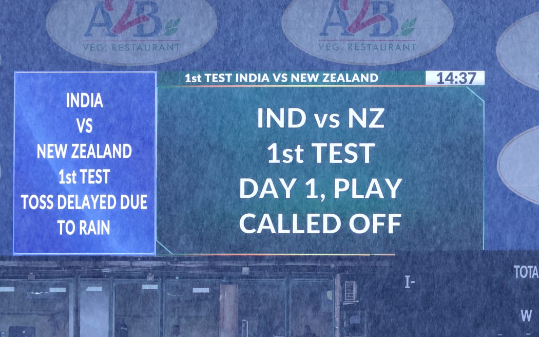 Big screen display the day being called off due to rain during day 1 of the 1st Test Match between India and New Zealand held at the M.Chinnaswamy Stadium, Bengaluru, India on the 16th October 2024

Photo by Vipin Pawar / Sportzpics for BCCI