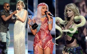 Kayne West (L)jumps onstage after Taylor Swift (C) won the "Best Female Video" award the 2009 MTV Video Music Awards at Radio City Music Hall on September 13, 2009 in New York City. LOS ANGELES, CA - SEPTEMBER 12: Singer Lady Gaga accepts the Video of the Year award onstage during the 2010 MTV Video Music Awards at NOKIA Theatre L.A. LIVE on September 12, 2010 in Los Angeles, California. Singer Britney Spears performs with a snake draped over her neck at the 2001 MTV Video Music Awards 06 September, 2001, in New York.