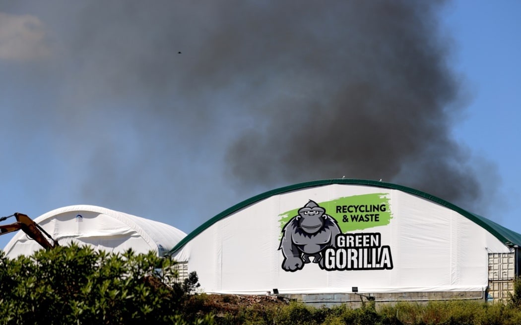 Emergency services are responding to a large fire at a waste facility in Onehunga - believed to be Green Gorilla - on 7 February 2024.