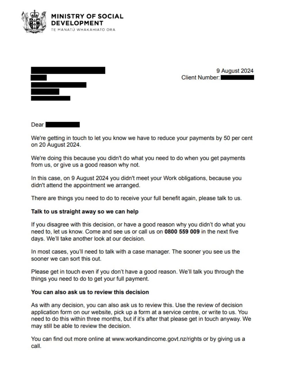 Letter from MSD telling a client their benefit will be halved.