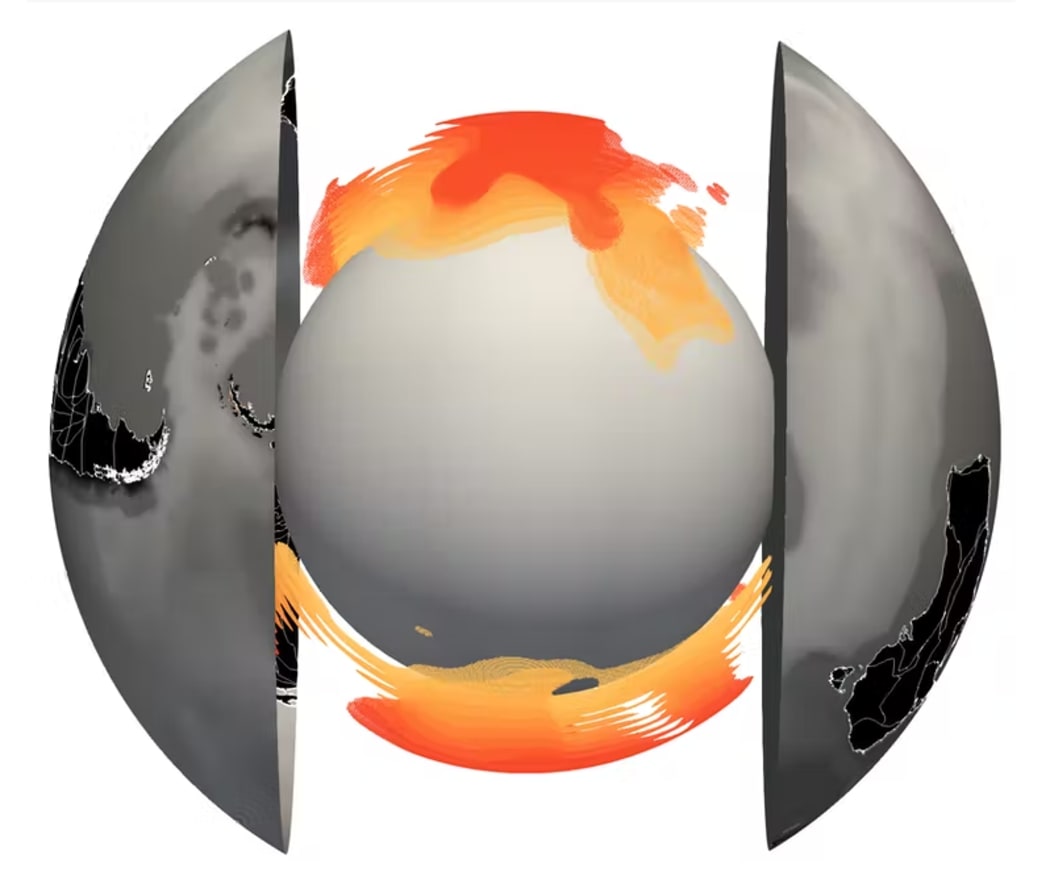 Earth’s blobs as imaged from seismic data. The African blob is at the top and the Pacific blob at the bottom.