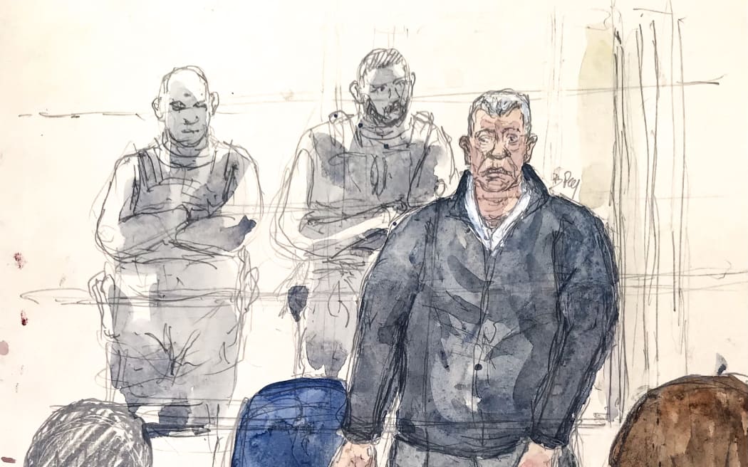 This court-sketch made on December 19, 2024 in Avignon shows Dominique Pelicot during the hearing of the verdict of the court that sentenced him to the maximum term of 20 years jail for committing and orchestrating the mass rapes of her ex-wife Gisele Pelicot (bottom R) with dozens of strangers he recruited online. - Dominique Pelicot, who had already confessed to the crimes, was earlier found guilty by the court in the southern city of Avignon after an over three-month trial that shocked France and turned his former wife Gisele into a feminist hero. His 50 co-defendants in the case were also convicted by the court, with no acquittals. (Photo by Benoit PEYRUCQ / AFP)