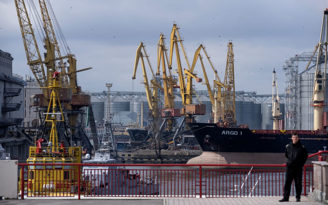 Bulk carrier ARGO I is docked at the grain terminal of the port of Odessa, Ukraine, on April 10, 2023, from where Ukraine ships wheat according to the grain agreement the country currently has with Russia.