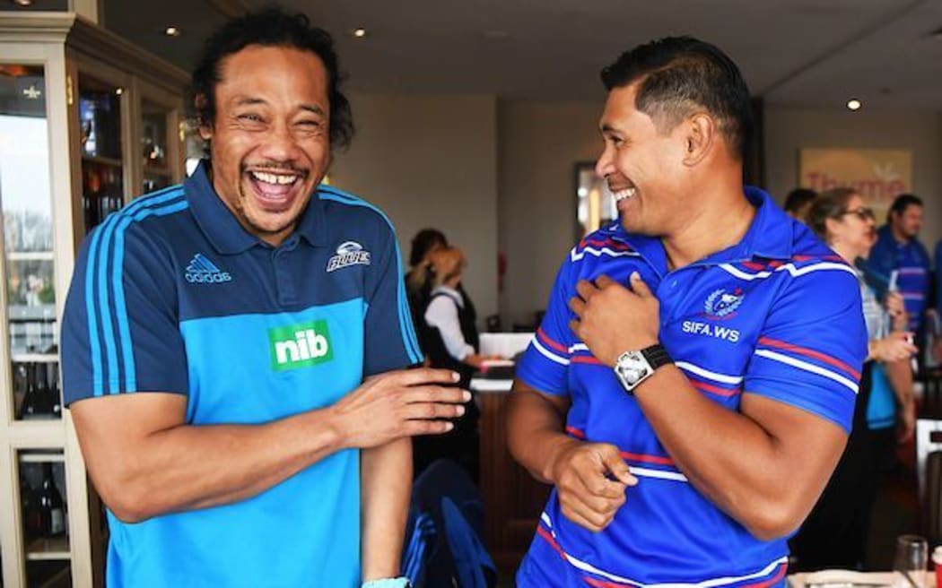 Former All Black teammates, Blues coach Tana Umaga and Manu Samoa coach Alama Ieremia.