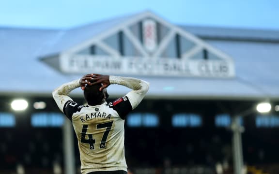Aboubakar Kamara of Fulham holds his head as he misses a chance on goal at Craven Cottage.