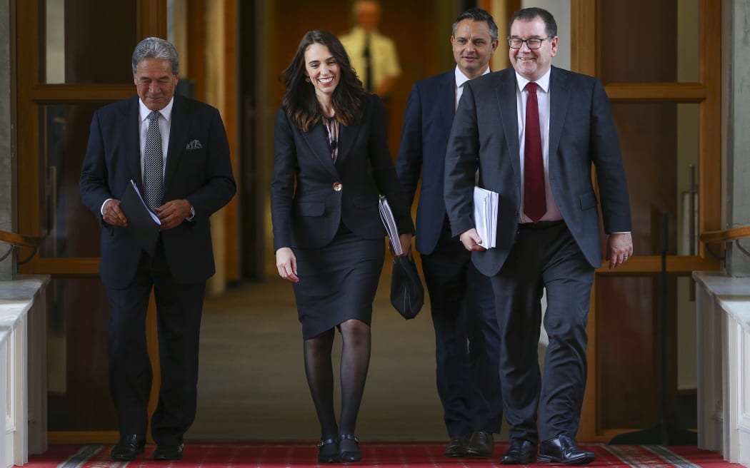 Deputy Prime Minister Winston Peters, Prime Minister Jacinda Ardern, Greens leader James Shaw and Finance Minister Grant Robertson walk to the house during Budget 2020 delivery day at Parliament May 14, 2020 in Wellington, New Zealand.