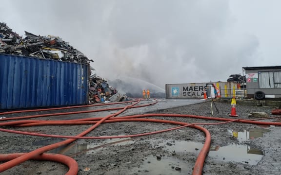 Fire doused at National Steel scrap metal yard in Woolston, Christchurch on 18 August 2022.