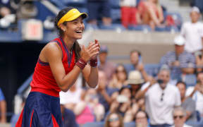 Brit Emma Raducanu celebrates match point against American Shelby Rogers during her Women's Singles round of 16 match on Day Eight of the 2021 US Open at the USTA Billie Jean King National Tennis Center on September 06, 2021.