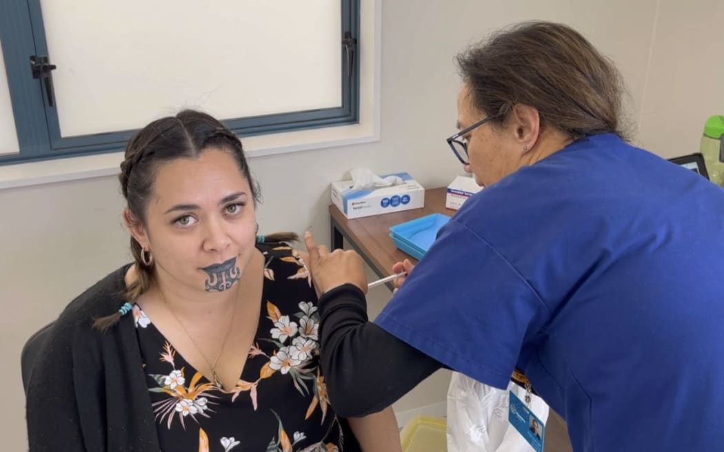 Kaniwa Kupenga-Tamarama getting her Covid-19 vaccine at a clinic in Tairawhiti Gisborne.