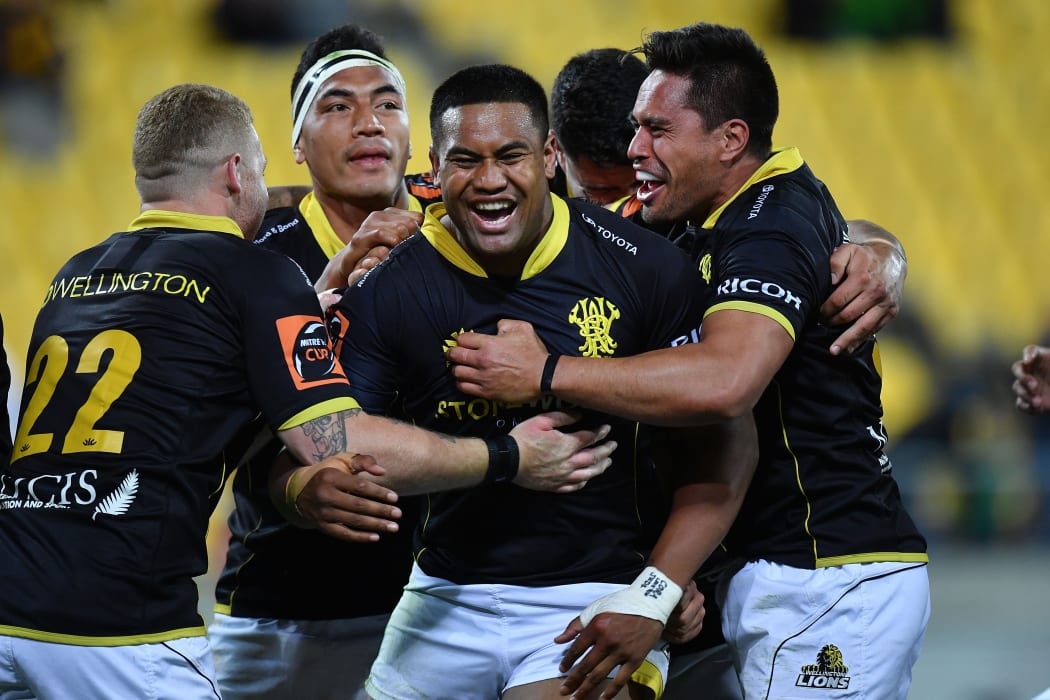 Lions Julian Savea celebrates a try with team mates