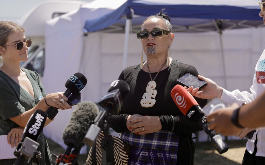 Te Pāti Māori co-leader Debbie Ngarewa-Packer speaking to media at Rātana on 24 January, 2025.