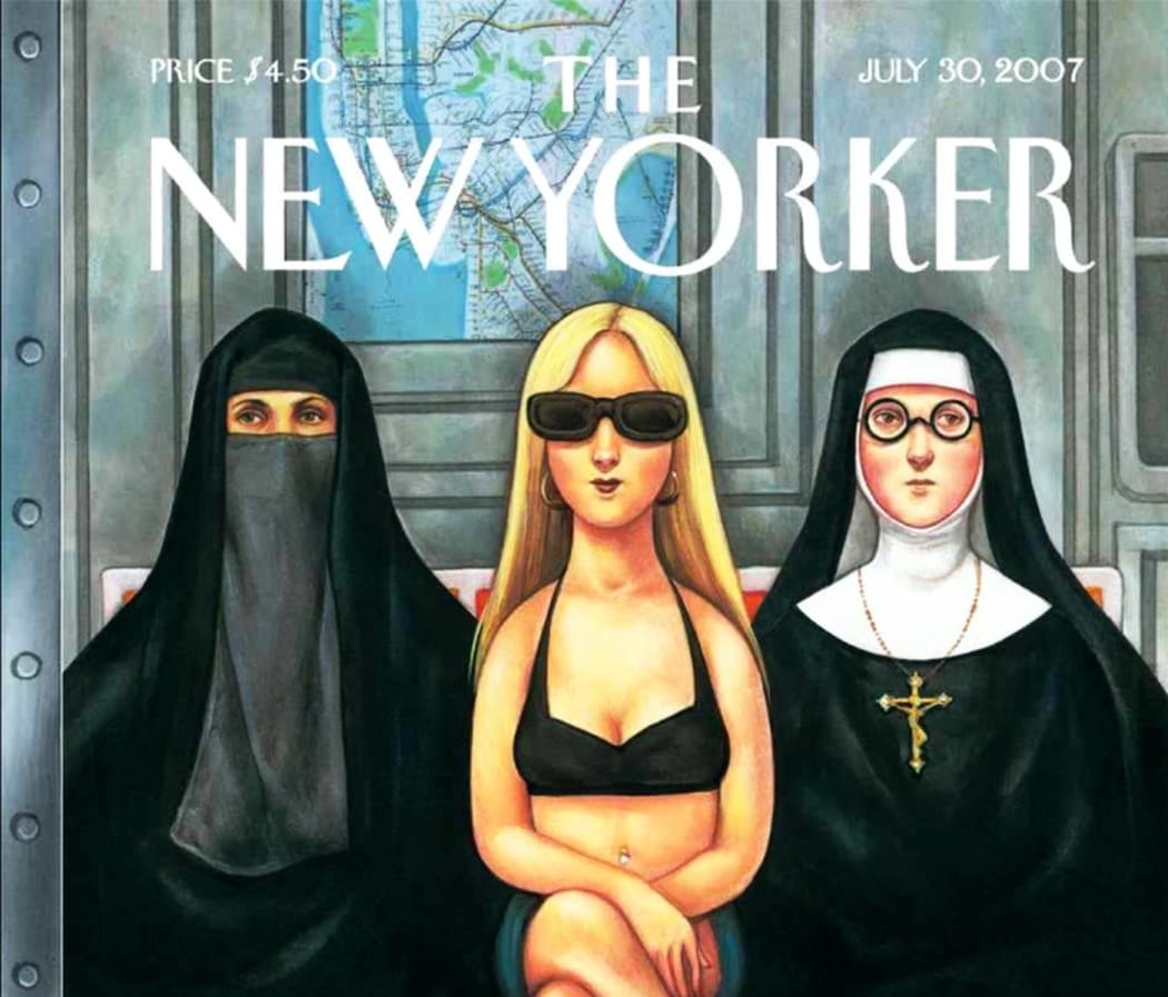 New Yorker cover cartoon with women in niqab, bikini and nun's habit