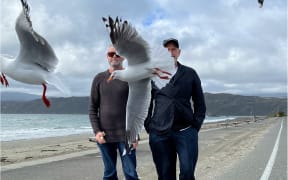 The members of the band Thrashing Marlin, David Donaldson and Steve Roche, stand on a Wellington foreshore with gulls flying around.