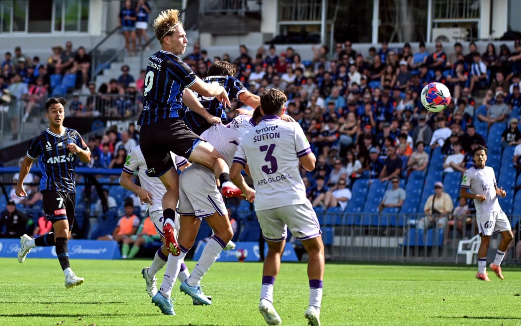 Sam Cosgrove heads in for what was subsequently ruled to be an own goal by Perth Glory in their A-League clash at Mount Smart Stadium, 8 March 2026. Photo credit: Andrew Cornaga / Photosport