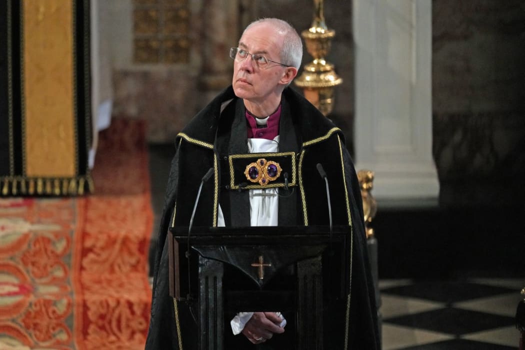 The Archbishop of Canterbury Justin Welby during the funeral service of Britain's Prince Philip, Duke of Edinburgh inside St George's Chapel in Windsor Castle in Windsor, west of London, on April 17, 2021.