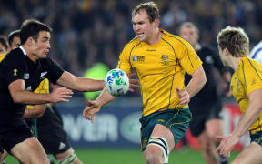 Rocky Elsom playing for the Wallabies against the All Blacks during the 2011 World Cup semi-final.