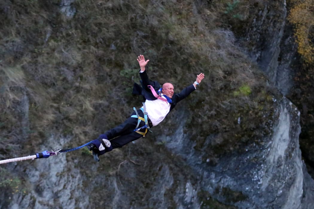 Queenstown mayor Jim Boult takes a sunrise bungy jump on Thursday.  AJ Hackett Bungy started operating again on the first day of level 2 rules that allow domestic tourism to re-start.
