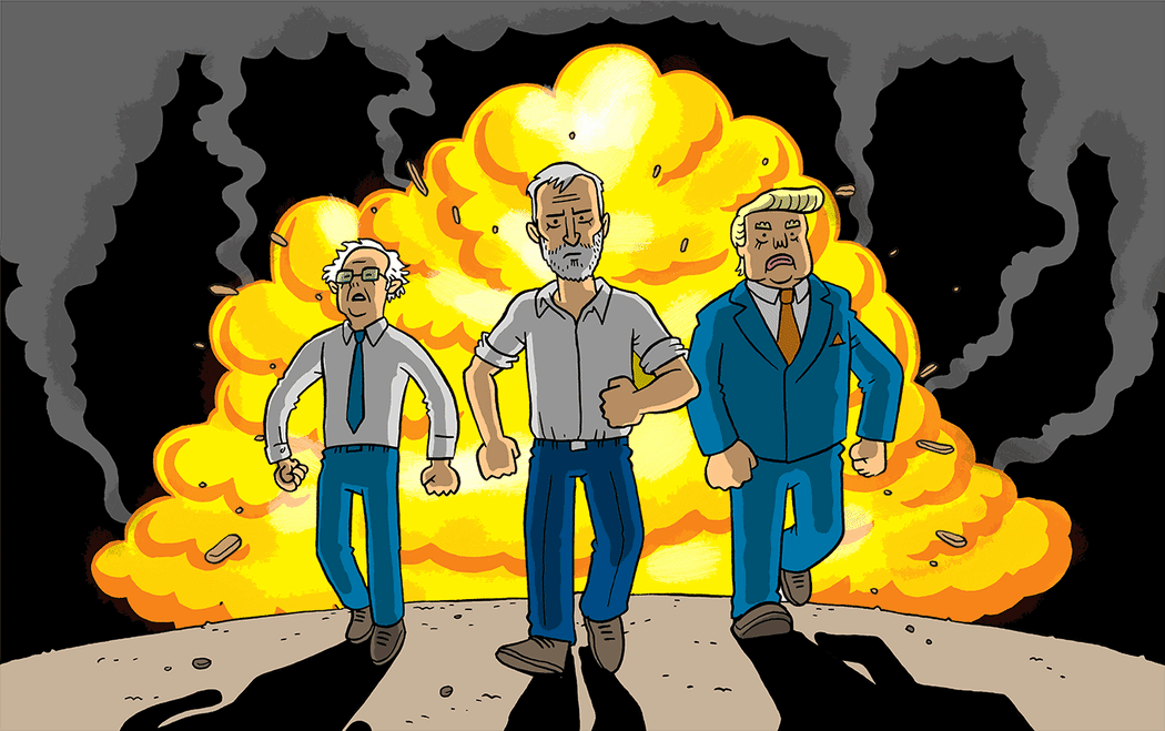 Bernie Sanders, Jeremy Corbyn and Donald Trump stride forward - flames and chaos behind them.