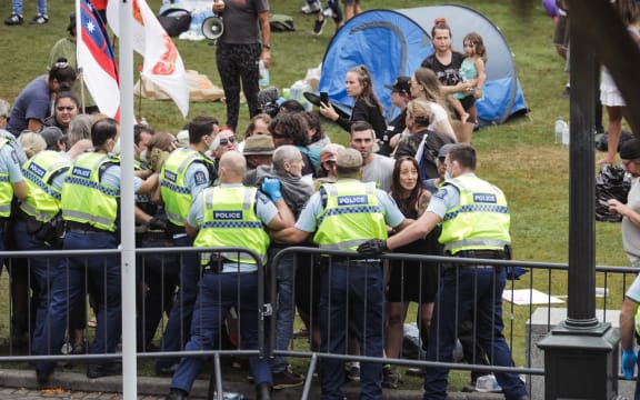 Police and protesters at Parliament during the Covid-19 protest on 10 February 2022.