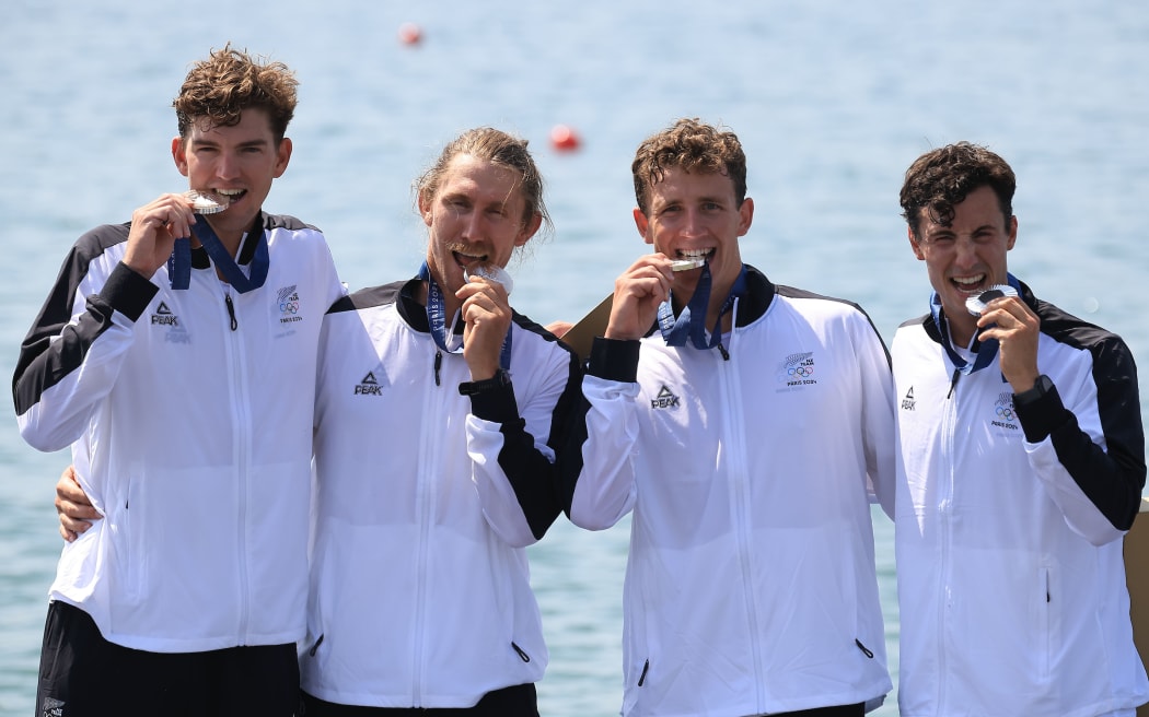 Mens fours final. Ollie Maclean, Tom Murray, Matt Macdonald and Logan Ullrich from New Zealand.
Rowing at Vaires-sur-Marne Nautical Stadium - Flat water, Paris, France on Thursday 1 August 2024. Photo credit: Iain McGregor / www.photosport.nz