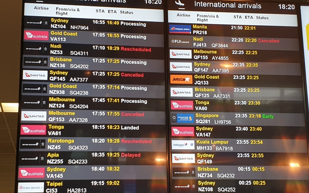 The arrivals board at the Auckland Airport's international terminal on 19 March