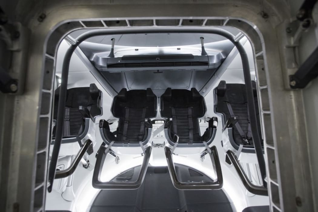 The SpaceX Crew Dragon simulator used to train NASA astronauts who will travel to the International Space Station aboard Crew Dragon, is show to the media during a press tour at SpaceX headquarters in Hawthorne, California, on August 13, 2018.